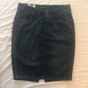 Dark Blue Denim Skirt with leather trim. Size 2-4